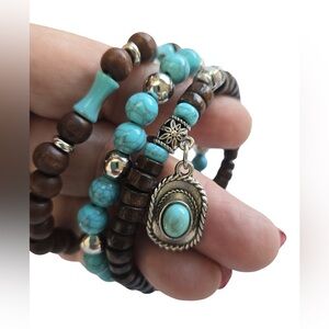 Turquoise and Brown Bohemian Style Beaded Bracelets-Set of 3